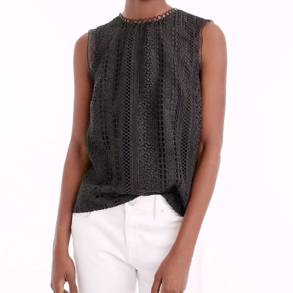 J.  Crew Black Lace Top Sleeveless High Neck Button Back Loose Fit Lined Size 2